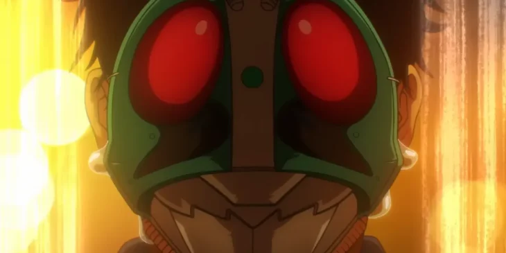 Tanzaburo Tojima mascarado em cena de Tojima Wants to Be a Kamen Rider