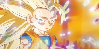 Goku (Mini) como Super Saiyajin 3 em cena do clímax de Dragon Ball DAIMA