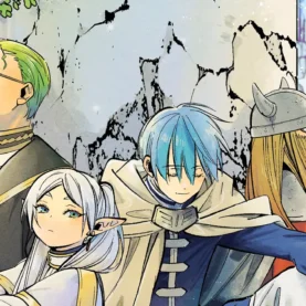 Padre Heiter, Frieren, Himmel e Eisen em arte de capa do Volume 1 de Frieren e a Jornada Para o Além