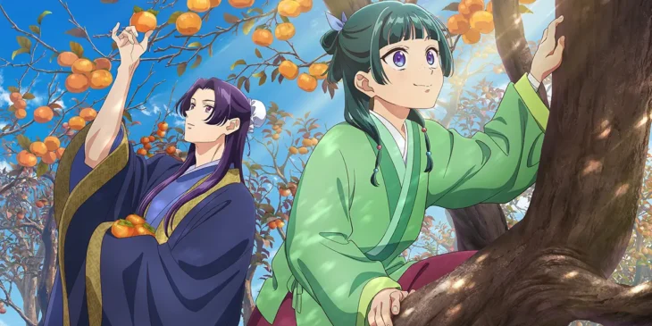 Maomao e Jinshi colhendo caquis em arte de outono de Diários de uma Apotecária