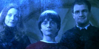 Harry Potter com seus pais Tiago e Lílian