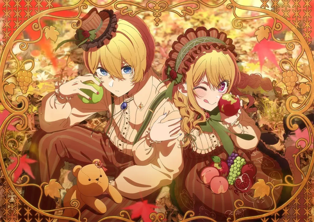 Arte temática de outono de Oshi no Ko destacando Aqua e Ruby