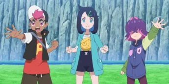 Liko, Rain e Dot em cena da Parte 4 de Pokémon: Horizontes - Temporada 2 - A Busca por Laqua