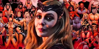 Elizabeth Olsen como a Feiticeira Escarlate e os X-Men ao fundo