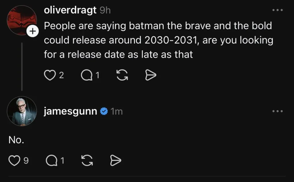 James Gunn respondendo fã sobre lançamento de The Brave and the Bold