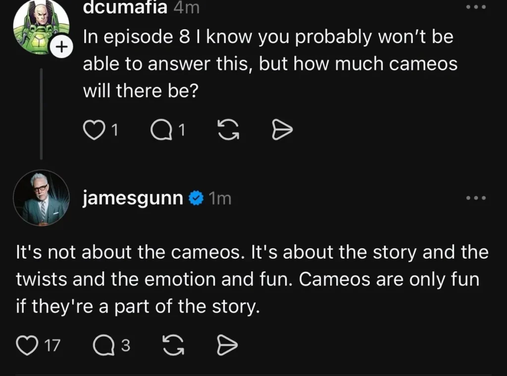 James Gunn respondendo no Threads sobre participações em Pacificador