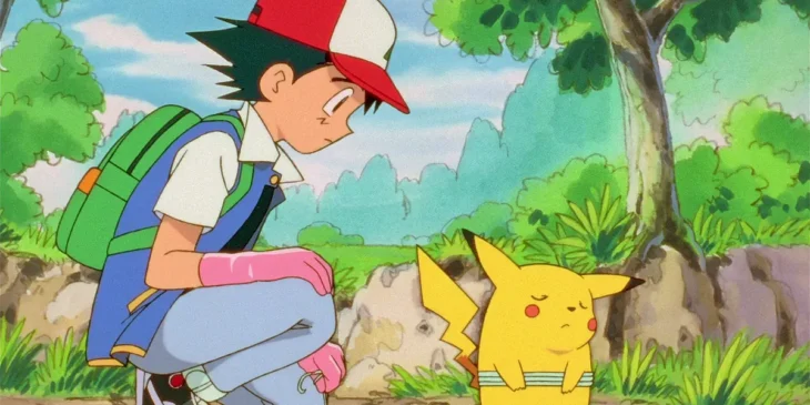 Ash e Pikachu em cena do Episódio 1 de Pokémon
