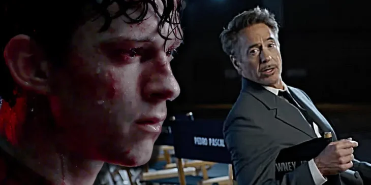 Tom Holland como Homem-Aranha e Robert Downey Jr. no set de Vingadores: Doomsday