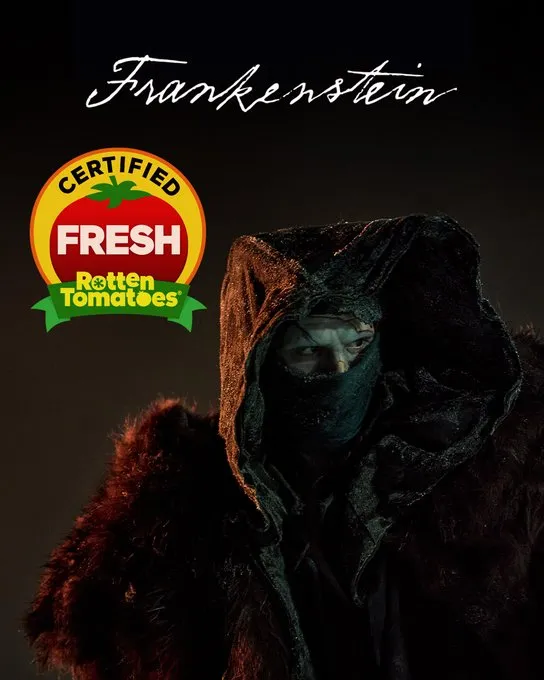 Selo "Fresh", do Rotten Tomatoes, para Frankenstein de Guillermo del Toro