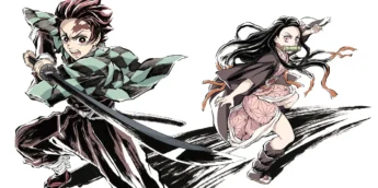 Tanjiro e Nezuko em artes de capa e contracapa de artbook do anime Demon Slayer