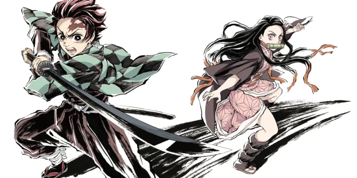 Tanjiro e Nezuko em artes de capa e contracapa de artbook do anime Demon Slayer