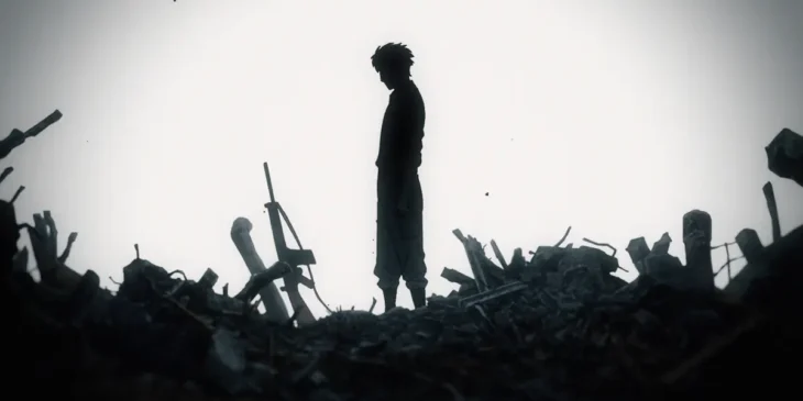 Loid em meio a destroços de guerra em cena do Episódio 40 de SPY x FAMILY