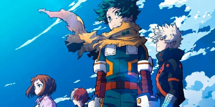 Bakugo, Deku, Shoto e Ochaco em arte promocional de My Hero Academia