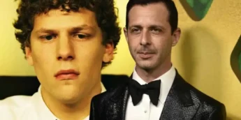 Jesse Eisenberg como Mark Zuckerberg, em A Rede Social, e o ator Jeremy Strong