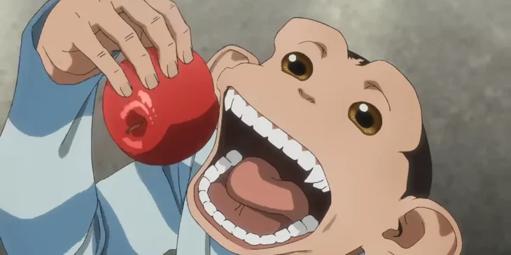 Charlie comendo maçã em cena da adaptação em anime de O Incidente de Darwin