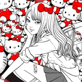 Arte promocional de colaboração entre Tomie e Hello Kitty