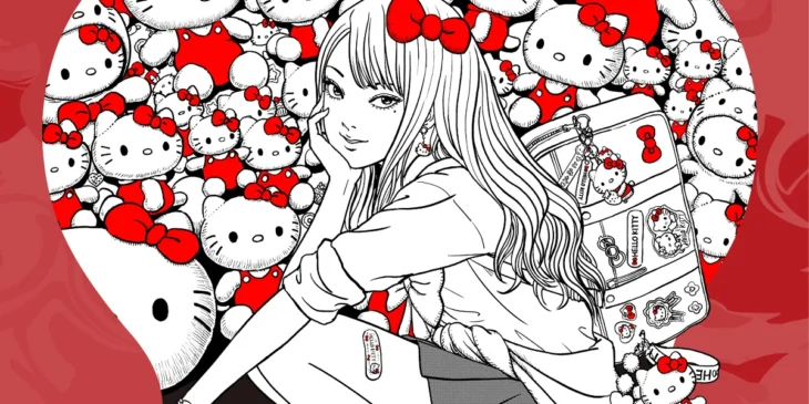 Arte promocional de colaboração entre Tomie e Hello Kitty