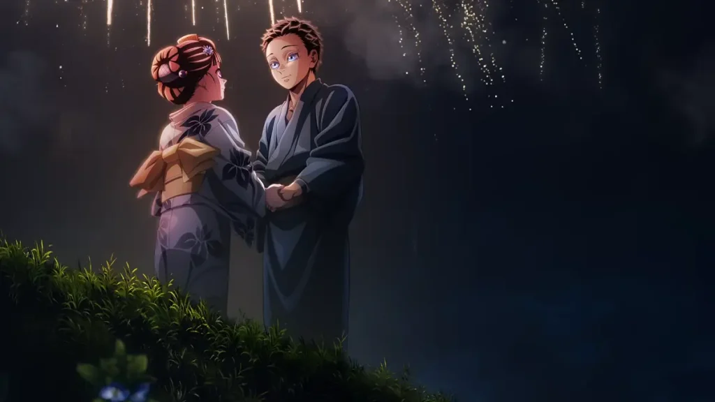 Hakuji e Koyuki observando os fogos de artificio em cena de Demon Slayer: Castelo Infinito