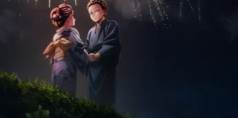 Hakuji e Koyuki observando os fogos de artificio em cena de Demon Slayer: Castelo Infinito