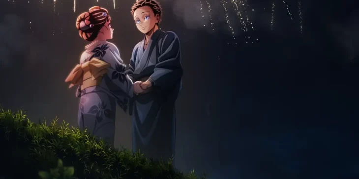 Hakuji e Koyuki observando os fogos de artificio em cena de Demon Slayer: Castelo Infinito