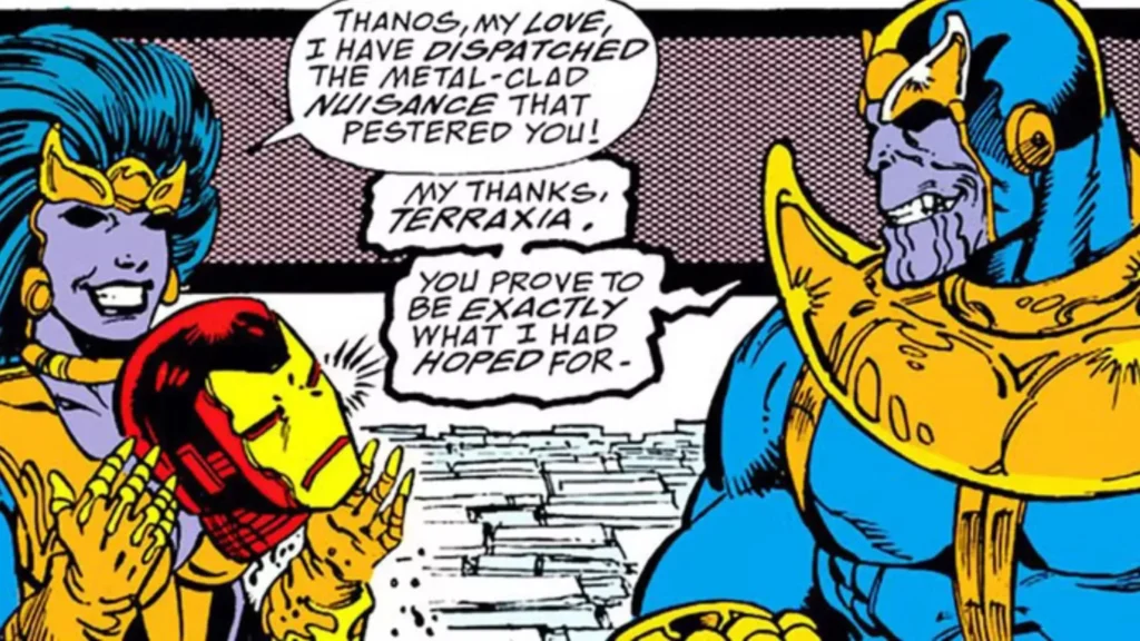 Thanos e a cabeça do Homem de Ferro nos quadrinhos da Marvel