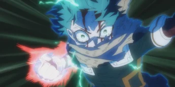 Deku usando One For All contra Shigaraki em cena do Episódio 5 da temporada final de My Hero Academia