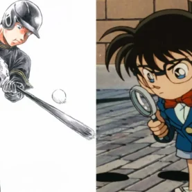 Ilustração de Shohei Ohtani por Gosho Aoyama e cena de Detetive Conan