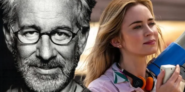 O diretor Steven Spielberg e a atriz Emily Blunt
