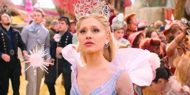 Ariana Grande com o vestido azul de Glinda em Wicked Parte II
