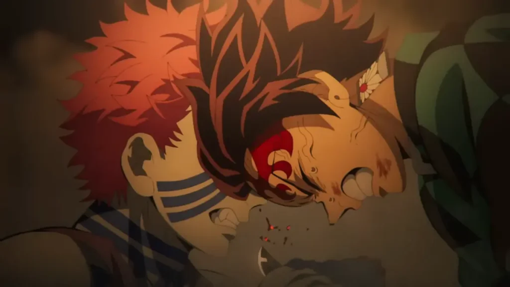 Tanjiro vs. Akaza em cena de Demon Slayer: Castelo Infinito