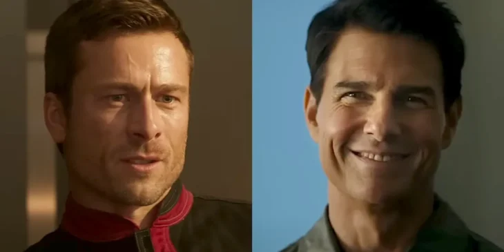 Glen Powell em O Sobrevivente e Tom Cruise em Top Gun: Maverick