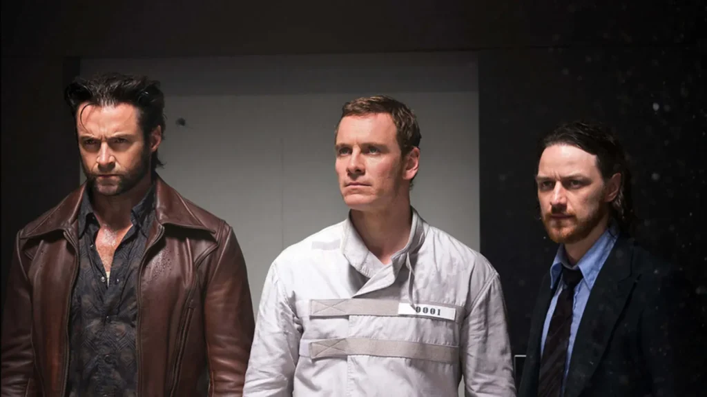 Hugh Jackman, Michael Fassbender e James McAvoy em X-Men: Dias de Um Futuro Esquecido