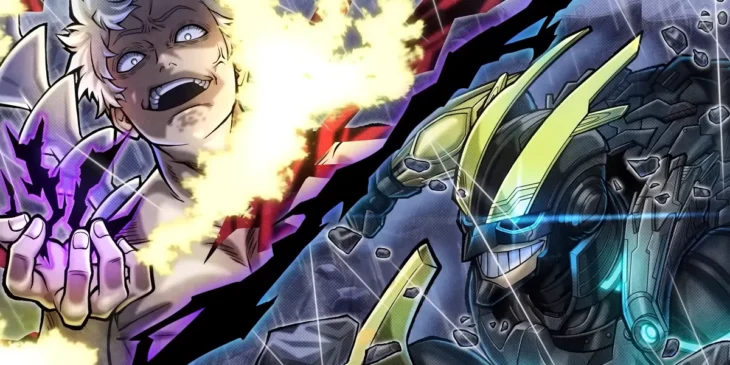 All For One e Armored All Might em arte da Temporada 14 de My Hero Ultra Rumble