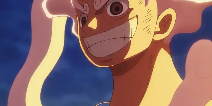 Luffy na forma Gear 5 em cena do clímax do Arco Egghead