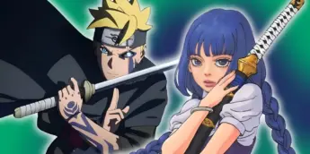 Sumire em arte de capa colorida do Capítulo 28 de Boruto: Two Blue Vortex e cena de Boruto empunhando espada de Kusanagi
