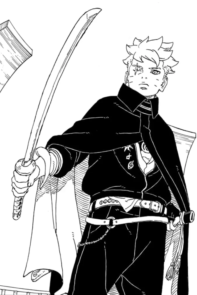 Boruto empunhando espada de Kusanagi atualizada no Capítulo 28 de Boruto: Two Blue Vortex