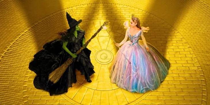 Elphaba e Glinda na estrada de tijolos amarelos de Wicked