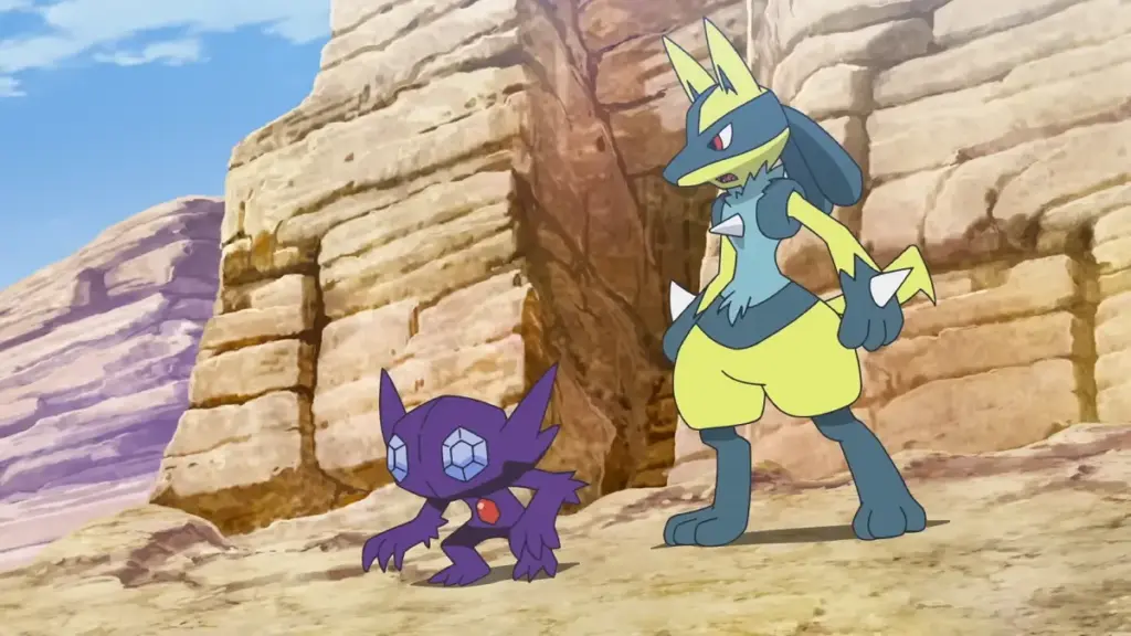 Lucario e Sableye em Pokémon: Horizontes - Temporada 3 - Altas Esperanças