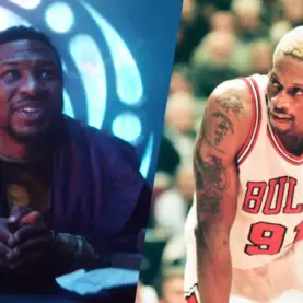 O ator Jonathan Majors e o jogador de basquete Dennis Rodman