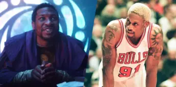 O ator Jonathan Majors e o jogador de basquete Dennis Rodman