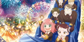 Alunos do Colégio Eden na montanha-russa em arte promocional de SPY x FAMILY para estande da TOHO Animation na Jump Festa 2026
