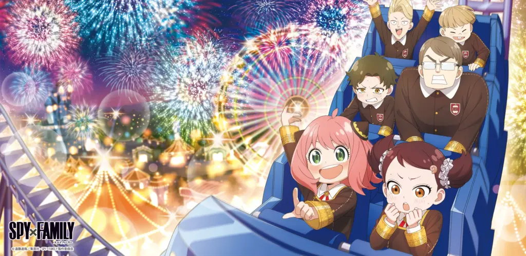 Alunos do Colégio Eden na montanha-russa em arte promocional de SPY x FAMILY para a Jump Festa 2026