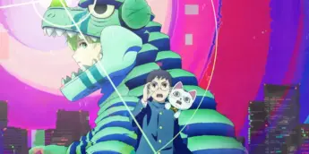 Bamora em seu traje de Kaiju, Okarun e Velha Turbo em pôster da 3ª temporada de DAN DA DAN
