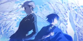 Rōsei Kantsubaki, o Agente do Inverno, ao lado de seu Guarda, Itechō Kangetsu em Agents of the Four Seasons