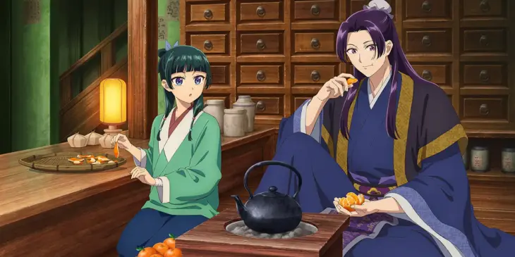 Maomao e Jinshi comendo mikan em arte de Diários de uma Apotecária