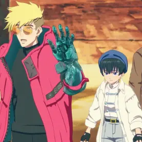 Vash, Meryl Stryfe e Roberto de Niro em cena de TRIGUN STAMPEDE