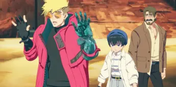 Vash, Meryl Stryfe e Roberto de Niro em cena de TRIGUN STAMPEDE