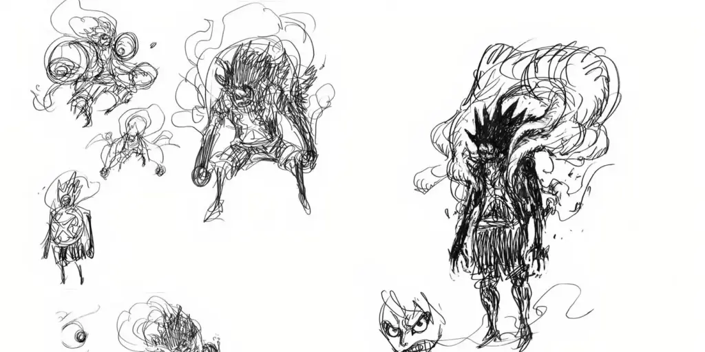 Esboços de Luffy na forma Snakeman, por Eiichiro Oda