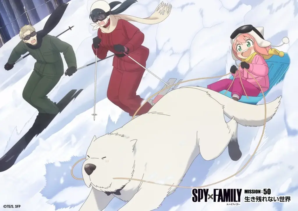 Família Forger praticando esportes de inverno em arte promocional do Episódio 50 de SPY x FAMILY