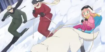 Família Forger praticando esportes de inverno em arte promocional do Episódio 50 de SPY x FAMILY